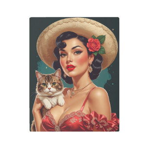 Mexican Pin-Up holding Cute Cat Metal Print