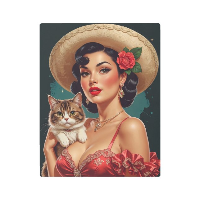 Mexican Pin-Up holding Cute Cat Metal Print (Front)