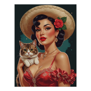 Mexican Pin-Up holding Cute Cat Poster