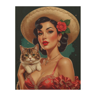 Mexican Pin-Up holding Cute Cat Wood Wall Art