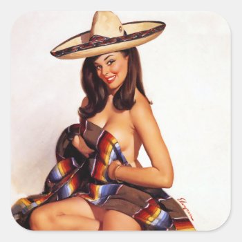 Mexican Pin Up Square Sticker by Vintage_Art_Boutique at Zazzle