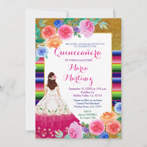 Mexican Pink Girl Gold Quinceaera Birthday   Invitation