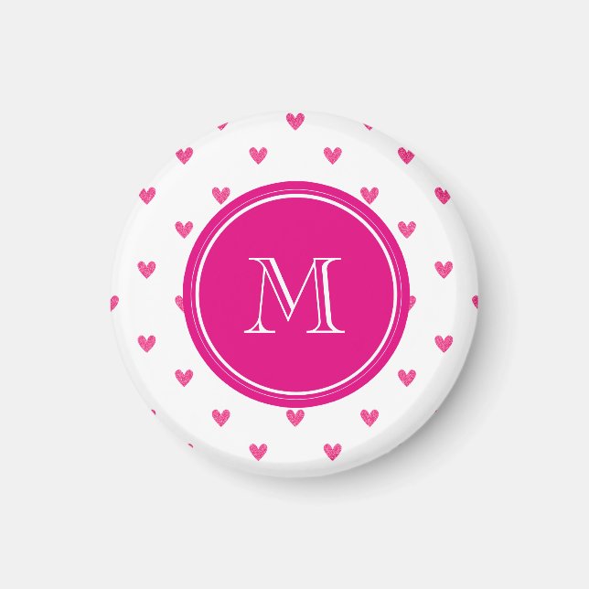 Mexican Pink Glitter Hearts with Monogram Magnet (Front)