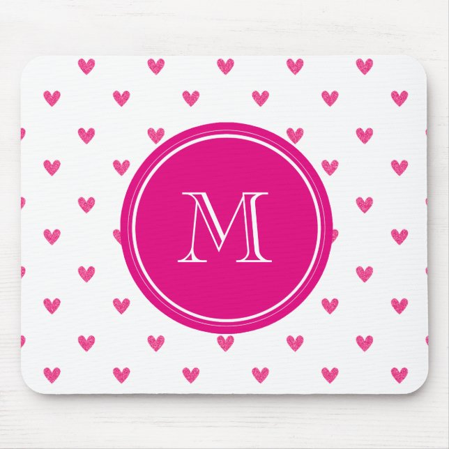 Mexican Pink Glitter Hearts with Monogram Mouse Pad (Front)