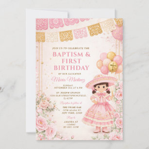 Mexican Pink gold Girl baptism and first birthday Invitation