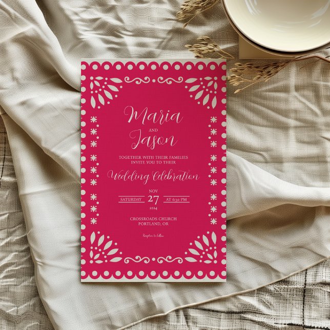 Mexican Pink Papel Picado Traditional Boda Wedding Invitation (Mexican Pink Papel Picado Traditional Boda Wedding Invitation)