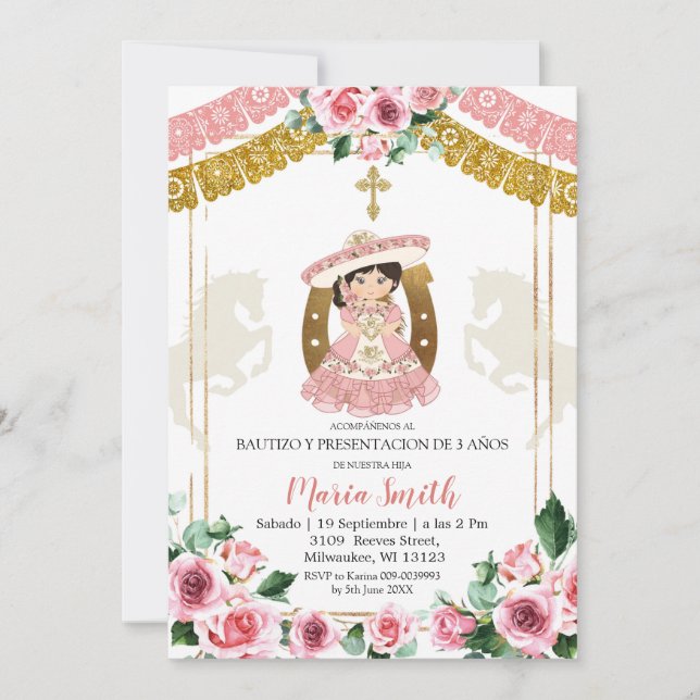 Mexican Pink Rose Charra Baptism & Third Birthday Invitation (Front)