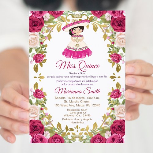 Mexican Pink Roses Flowers Quinceanera  Invitation