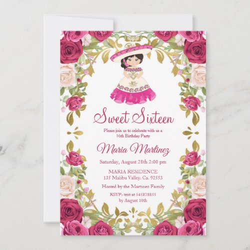 Mexican Pink Roses Flowers Sweet 16 Birthday   Invitation