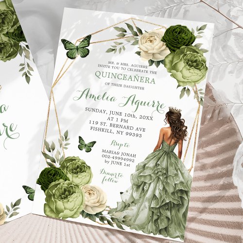 Mexican Princess Butterfly sage green Quinceaera Invitation