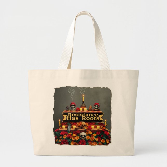 Mexican Protest Sugar Skull | Indigenous Zapotec Large Tote Bag (Front)
