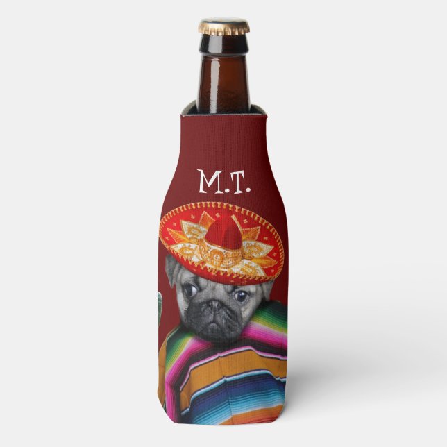 Mexican pug dog personalized bottle cooler (Bottle Front)