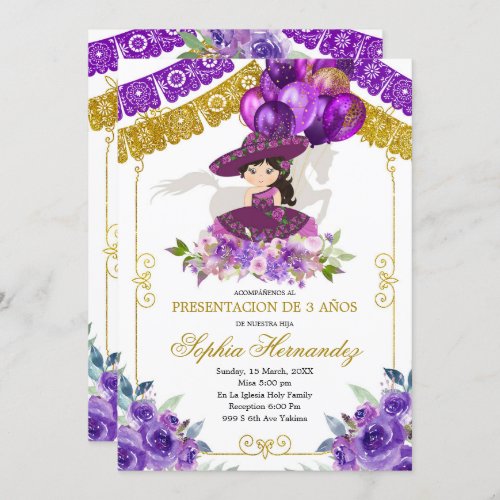 Mexican Purple and Gold Girl Charra Tres Anos  Invitation