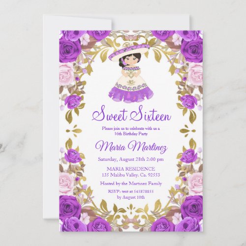 Mexican Purple Flowers Sweet 16 Birthday  Invitation