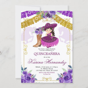 Mexican Purple & Gold Girl Boot Charra Mis Quince Invitation