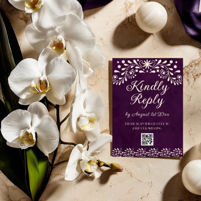 Mexican Purple Talavera Wedding QR code RSVP Card (Creator Uploaded)