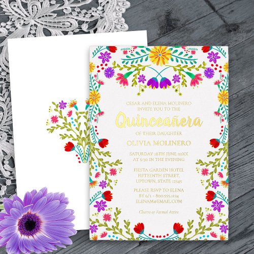 Mexican Quinceanera Fiesta Floral Real Gold Foil Invitation