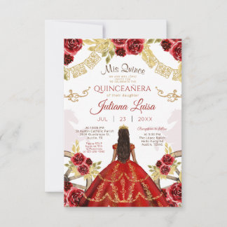 Mexican Quinceañera Floral Red Gold Charra Horses Invitation