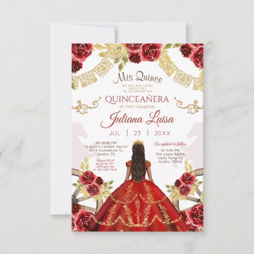 Mexican Quinceaera Floral Red Gold Charra Horses Invitation