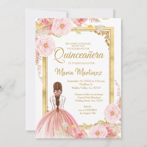 Mexican Quinceaera Invitation Rose Gold Flowers 