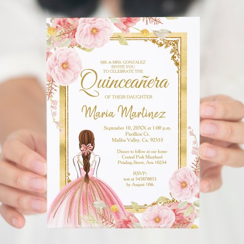 Mexican Quinceaera Invitation Rose Gold Flowers 