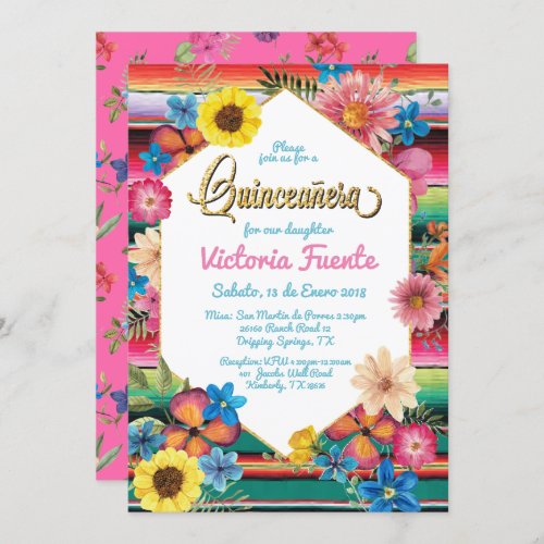 Mexican Quinceanera Party Gold Glitter Floral Invitation