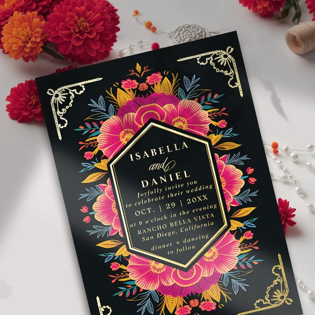 Mexican Rancho Bold Rustic Flowers Gold Wedding Foil Invitation (rancho mexican wedding invitation fiesta hacienda watercolor floral frame elegant modern chic gold )