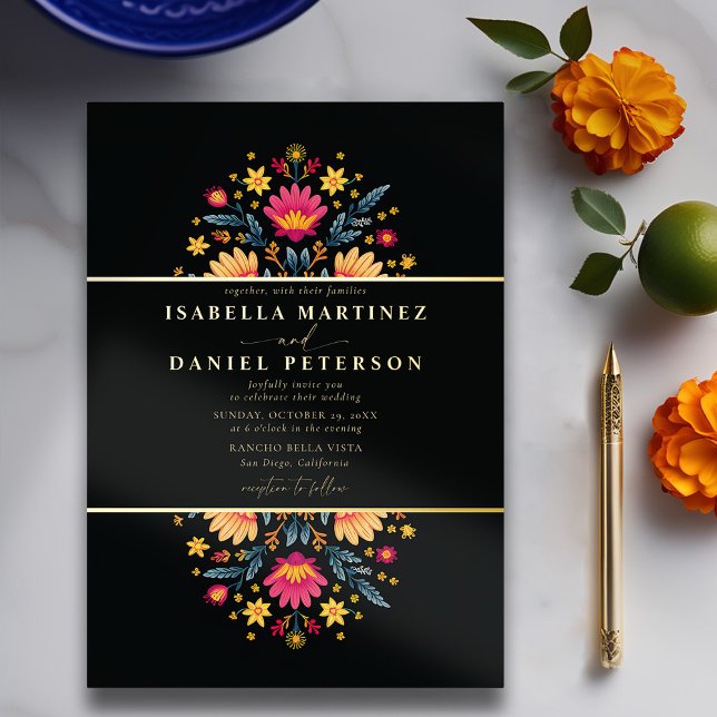 Mexican Rancho Modern Elegant Floral Wedding Gold Foil Invitation (rancho mexican wedding invitation fiesta hacienda watercolor floral frame elegant modern gold)