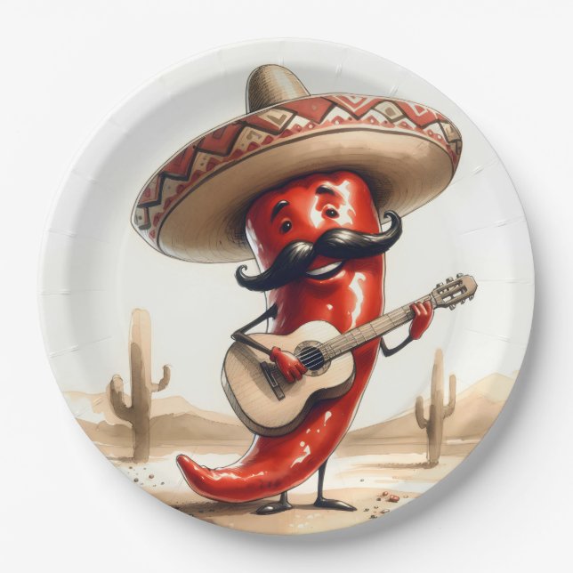 Mexican Red Chili Pepper Guitar Player Paper Plates (Front)