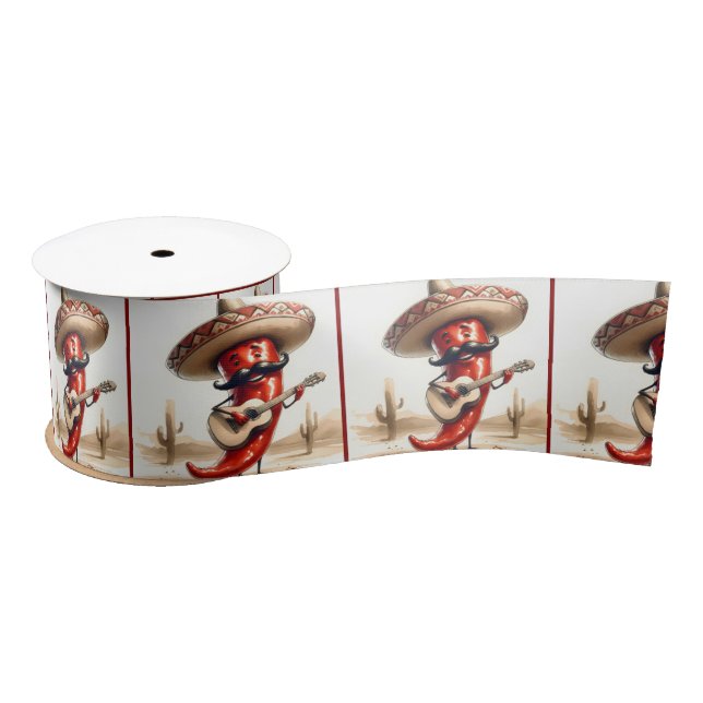Mexican Red Chili Pepper Guitar Player Satin Ribbon (Spool)