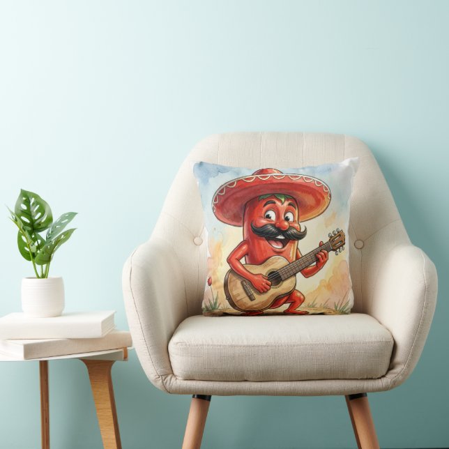 Mexican Red Chili Pepper Guitarist Throw Pillow (Chair)