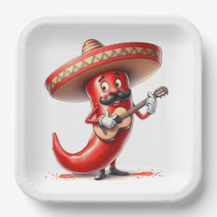 Mexican Red Chili Pepper With Guitar Paper Plates
