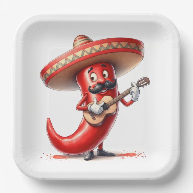 Mexican Red Chili Pepper With Guitar Paper Plates (Front)