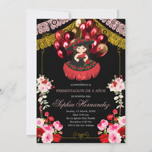 Mexican Red & Gold Girl Charra Balloon Mis Quince Invitation (Front)