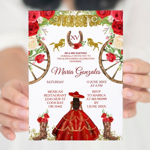 Mexican Red Rose Charra Mis XV Anos Invitation