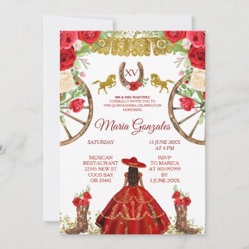 Mexican Red Rose Charra Mis XV Anos Invitation