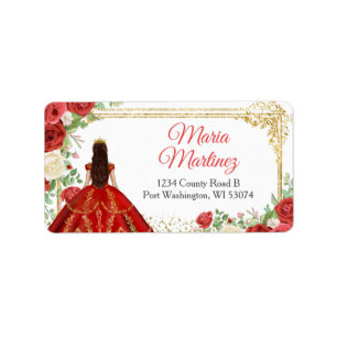 Mexican Red Roses Princess Quinceanera Address Label