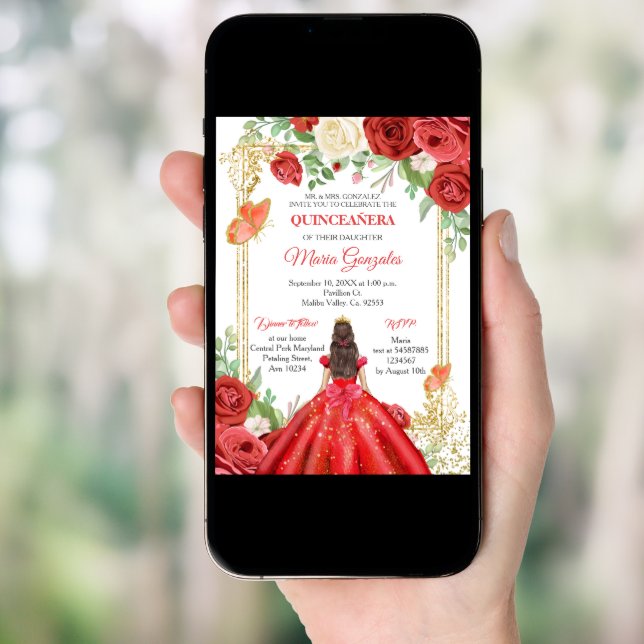 Mexican Red Roses Princess Quinceanera Butterfly  Invitation (Front Digital)