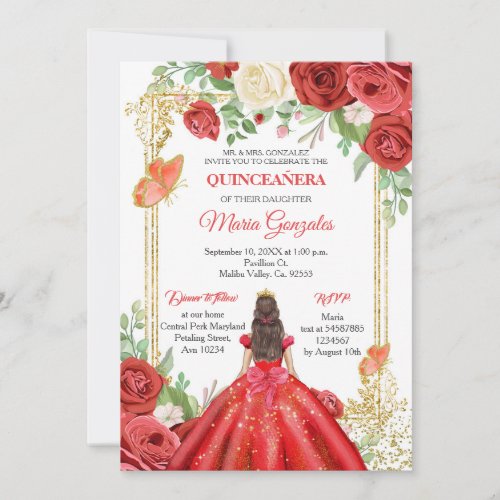 Mexican Red Roses Princess Quinceanera Butterfly  Invitation