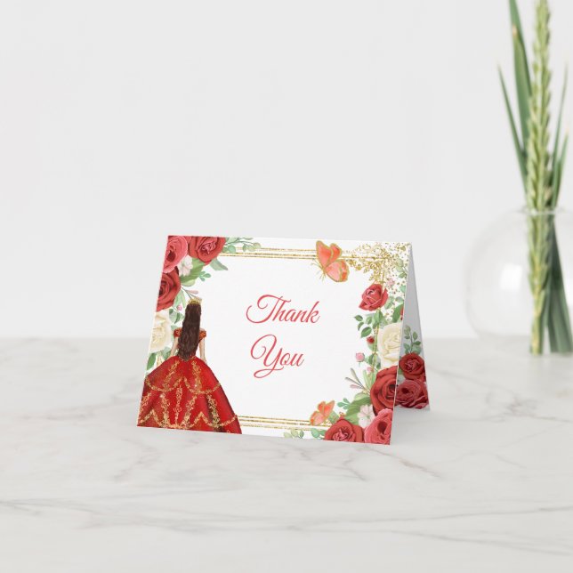 Mexican Red Roses Princess Quinceanera Folded Thank You Card (Front)