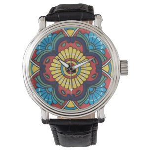 Mexican red talavera tile watch