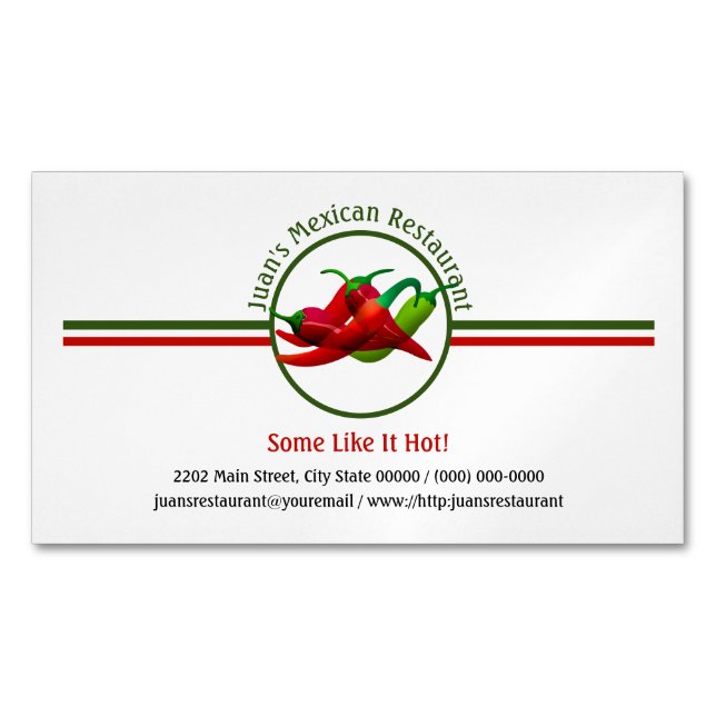Mexican Restaurant Hot Peppers Logo Custom Business Card Magnet (Front)