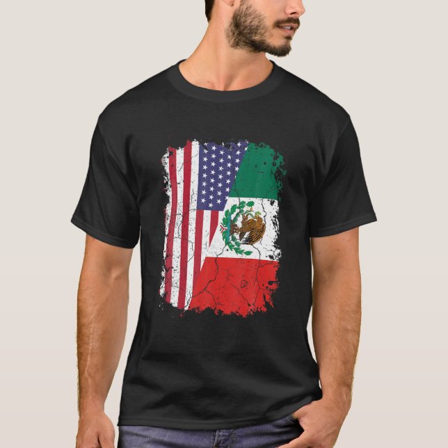 MEXICAN ROOTS | Half American Flag | MEXICO T-Shirt (Front)