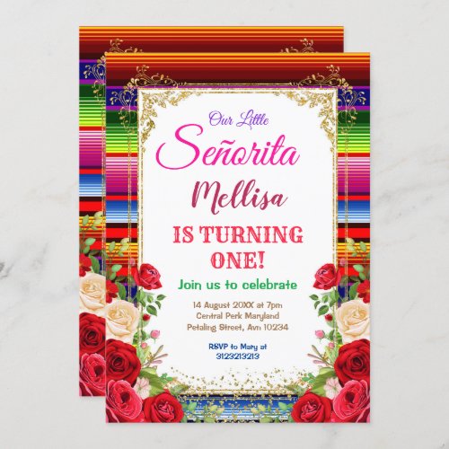 Mexican Roses Flowers with Gold Glitter Birthday  Invitation
