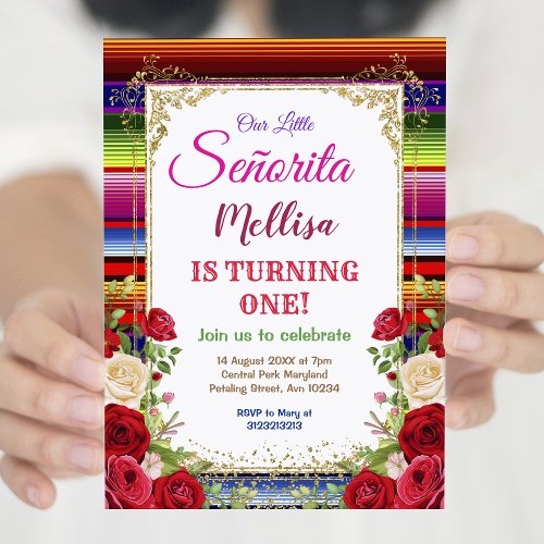 Mexican Roses Flowers with Gold Glitter Birthday  Invitation