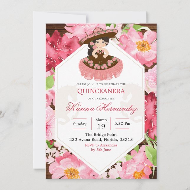 Mexican Rustic Charra Pink Floral Invitation (Front)