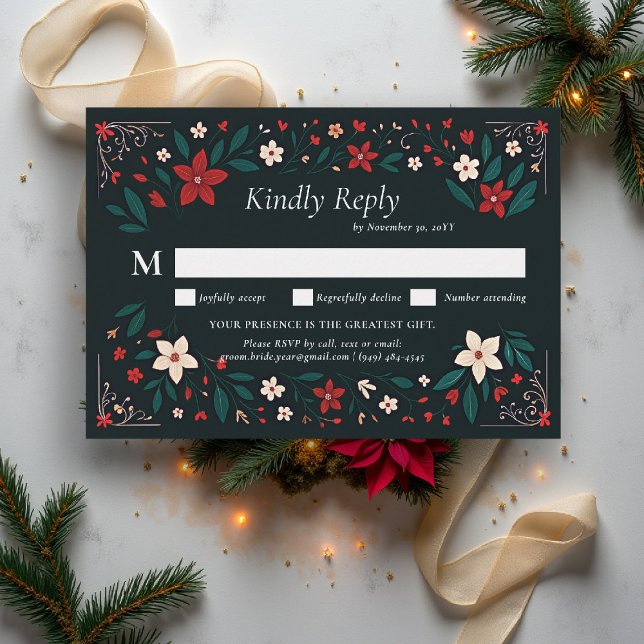 Mexican Rustic Elegant Christmas Red Wedding RSVP Card (mexican wedding rsvp reply christmas theme floral botanical frame poinsettias red white black)