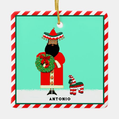 Mexican Santa Feliz Navidad Ceramic Ornament