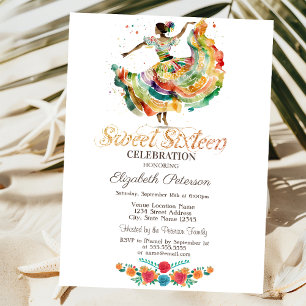 Mexican Senorita Fiesta Flowers Black Sweet 16   Invitation