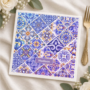 Mexican Sicilian Mediterranean purple blue tiles Napkins